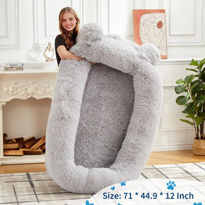 71" Large Human Size Dog Bed For Adults & Pets Removable Washable Cover Storage Pockets & Matching Blanket For Napping