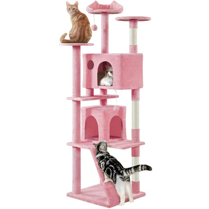 Yah 54in Cat Tree,Multi-Level Tower with Kitten-Ear Perch,2 Caves,Scratching Posts,Ladder,2 Plush Balls for Indoor Cats