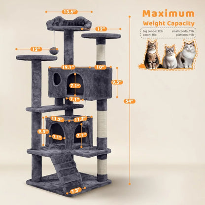Yah 54in Cat Tree,Multi-Level Tower with Kitten-Ear Perch,2 Caves,Scratching Posts,Ladder,2 Plush Balls for Indoor Cats