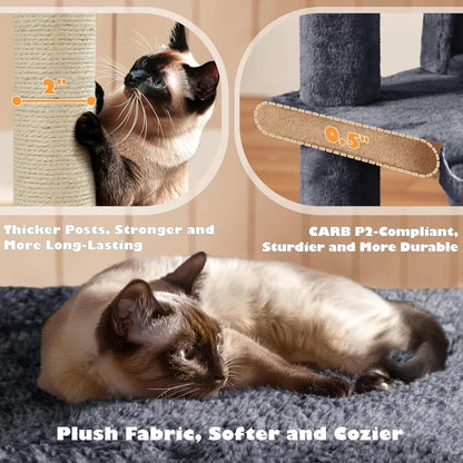 Yah 54in Cat Tree,Multi-Level Tower with Kitten-Ear Perch,2 Caves,Scratching Posts,Ladder,2 Plush Balls for Indoor Cats