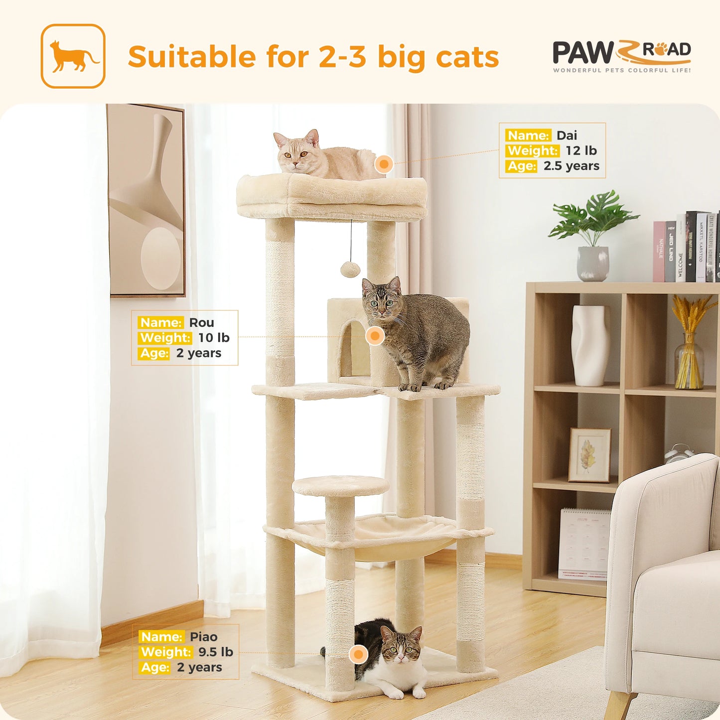 5-Level Cat Tower with Hammock, Scratching Posts , Condo, Top Perch