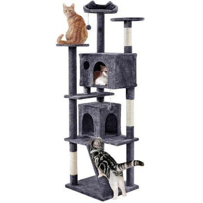 Yah 54in Cat Tree,Multi-Level Tower with Kitten-Ear Perch,2 Caves,Scratching Posts,Ladder,2 Plush Balls for Indoor Cats