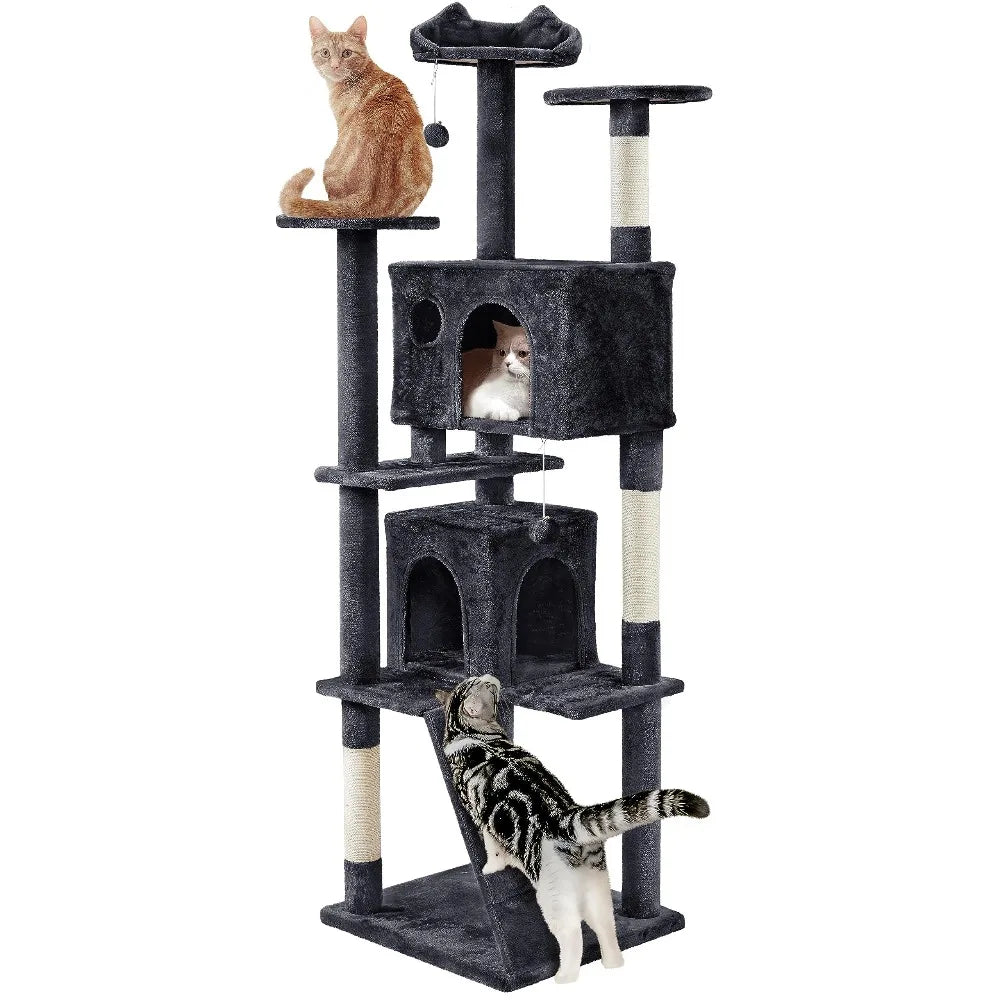 Yah 54in Cat Tree,Multi-Level Tower with Kitten-Ear Perch,2 Caves,Scratching Posts,Ladder,2 Plush Balls for Indoor Cats