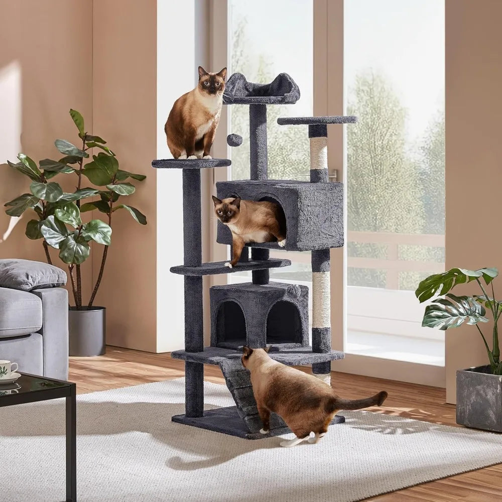 Yah 54in Cat Tree,Multi-Level Tower with Kitten-Ear Perch,2 Caves,Scratching Posts,Ladder,2 Plush Balls for Indoor Cats