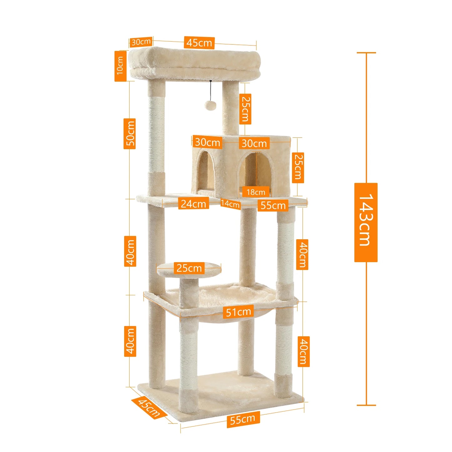 5-Level Cat Tower with Hammock, Scratching Posts , Condo, Top Perch